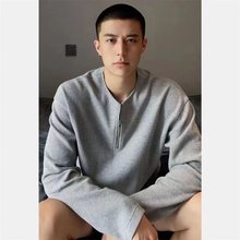 亨利衫复古美式卫衣半拉链华夫格纯色长袖慵懒风恤男情侣款秋