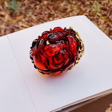 天然琥珀血珀净水牡丹花戒指配饰 925银蜜蜡花戒指 直播货源批发