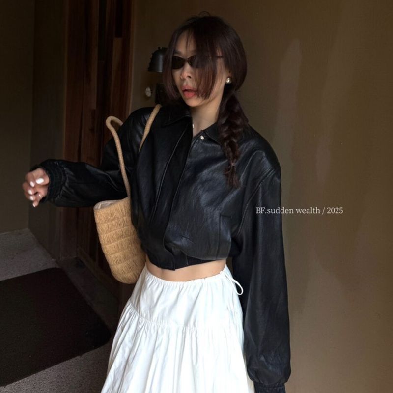 网红同款洋气时髦显白桔黄色皮衣外套女秋季韩版宽松显瘦收腰夹克|undefined