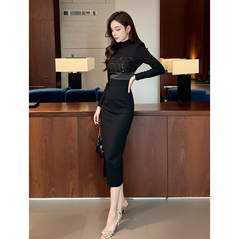 Đầm ôm body nữ phong cách Hepburn kiểu Pháp, tay dài, màu đen — Màu đen chi tiết 4