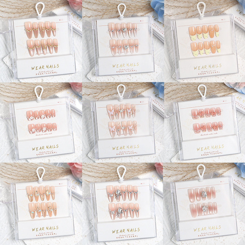 Xiaohongshu's Popular Wearable Nails, Sparkling Glass Beads, Cat's Eye French Rhinestone Manicure, Niche Style Transparent Box Armor Pieces