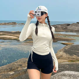 黑白撞色显瘦女士分体泳衣女运动抽绳拉链潜水冲浪保守长袖平角裤
