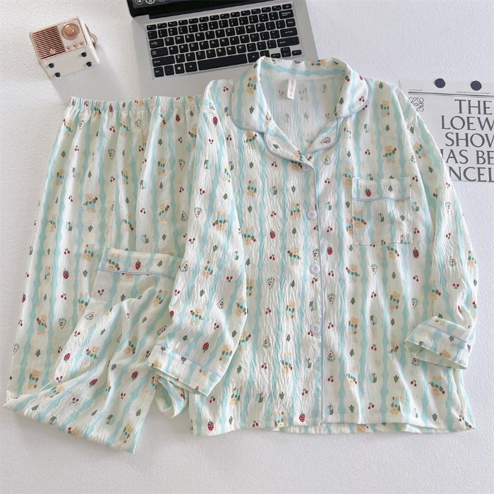 Pijamas al por mayor transfronterizos para mujer traje de algodón de nube de manga larga de otoño de dibujos animados lindo cárdigan de alta gama solapa servicio a domicilio
