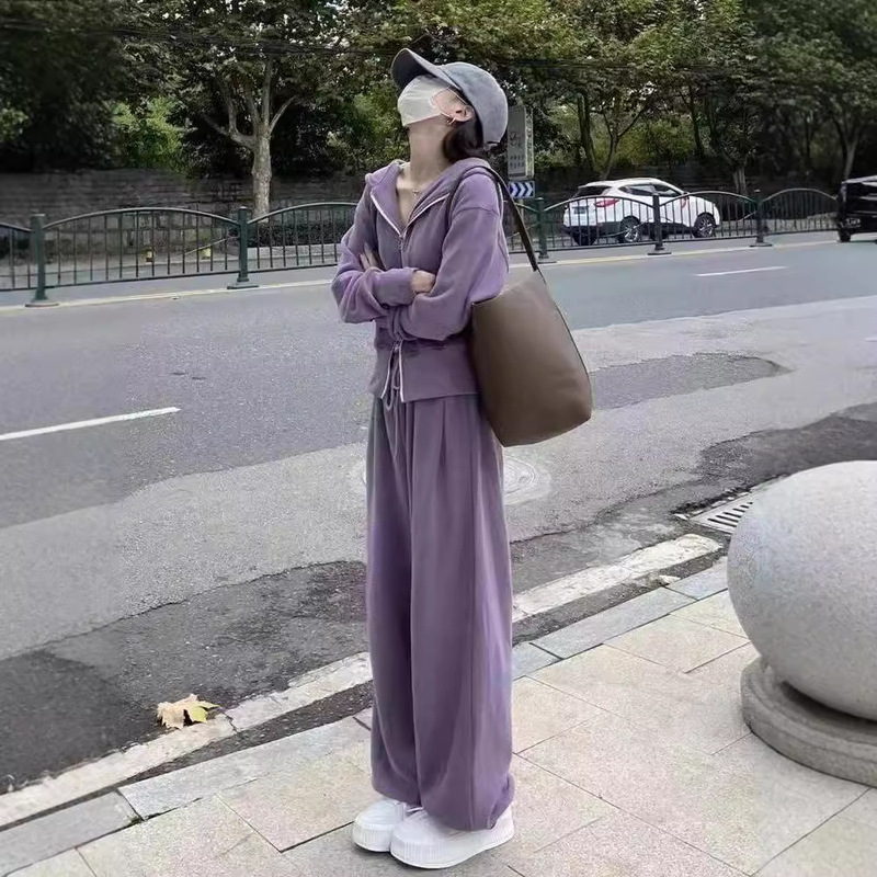 盐系休闲运动服套装女春秋港风复古宽松显瘦连帽卫衣时尚两件套|undefined
