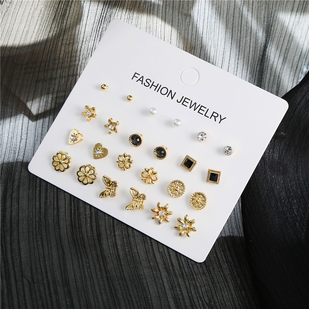 Korean Simple Geometric 12 Pairs Of Diamond Earrings Butterfly Flower Combination Earrings Wholesale display picture 10