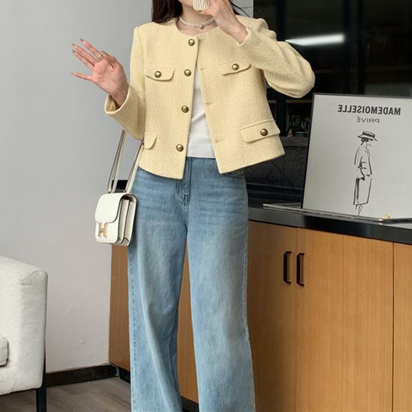 法式名媛甜美小清新修身显瘦chic黄色小香风短款外套女高级感小众|undefined