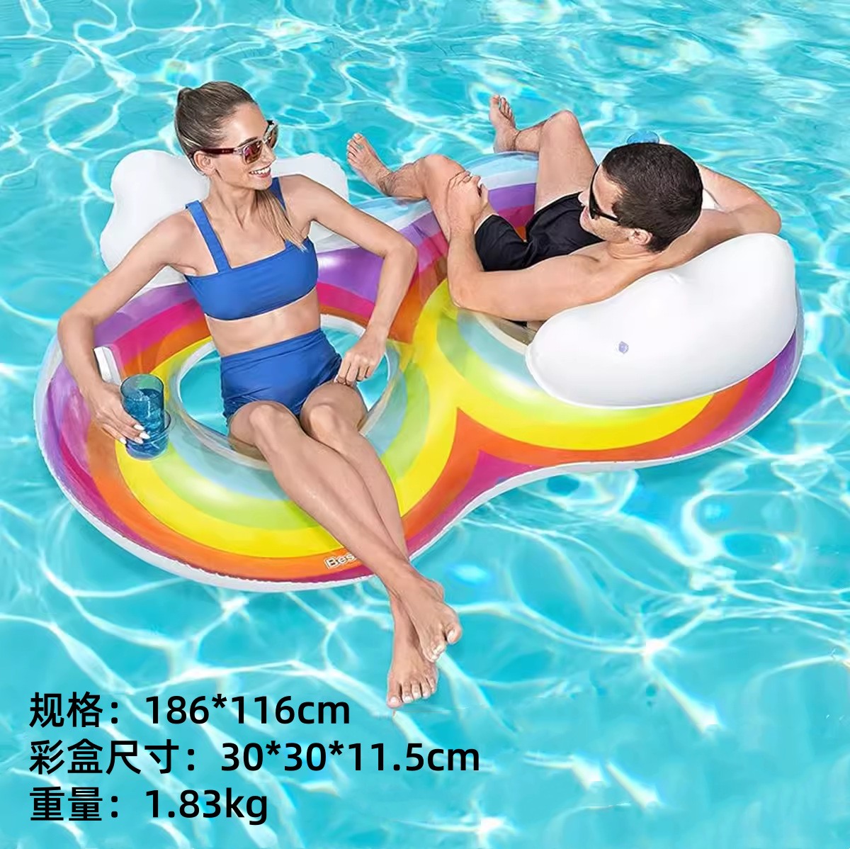 Super gran doble arco iris silla de agua flotante infláble cama flotante anillo de natación un solo cojín de aire flotante montar vacaciones