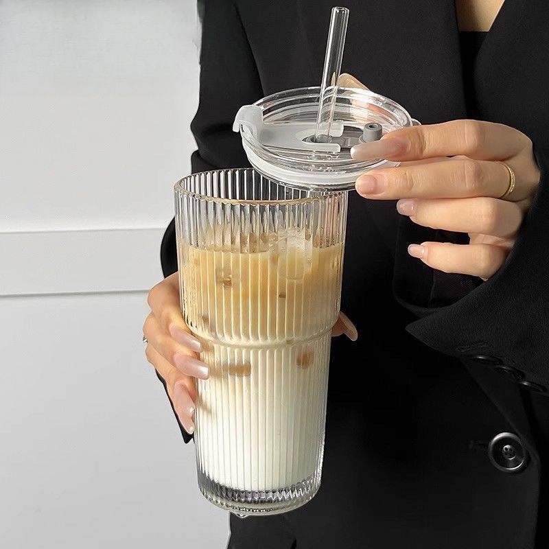 青苹果高颜值冷饮果汁带盖吸管大容量条纹玻璃杯水杯|undefined