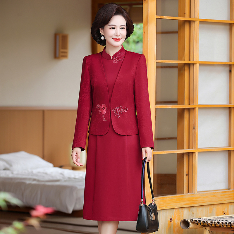 妈妈装春秋新款连衣裙喜婆婆婚宴礼服高贵婚礼礼服刺绣裙子两件套|undefined