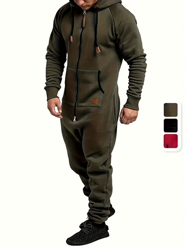 A Men's Hooded Lined Fleece Jumpsuit Long Sleeve Full Zip
