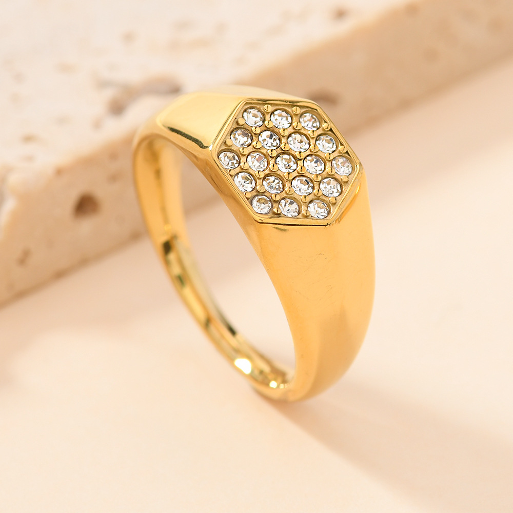 Joyas de fundición de acero inoxidable transfronterizas para mujer, diseño de lujo ligero, anillo de acero de titanio con incrustaciones de diamantes en forma de corazón/hexagonal/gota