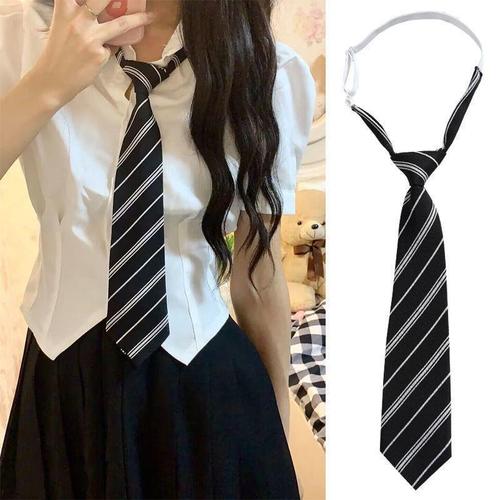 Black and White Striped No-Tie School Necktie for JK Students, College Style Shirt, School-Provided Tie Accessory with Bow Tie