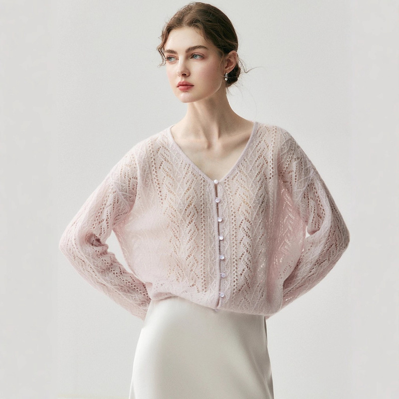 New Autumn and Winter Solid Color Women's Cashmere Knit Sweater, Loose Fit, Slimming, Versatile Top, V-Neck Hollow-Out Cardigan Blouse
