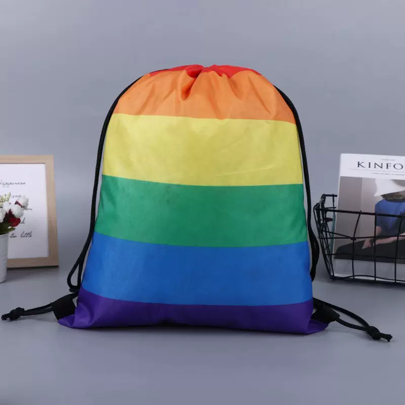 涤纶布束口袋制作彩虹色收纳袋可印制LOGO抽绳饰品包装袋厂家供应