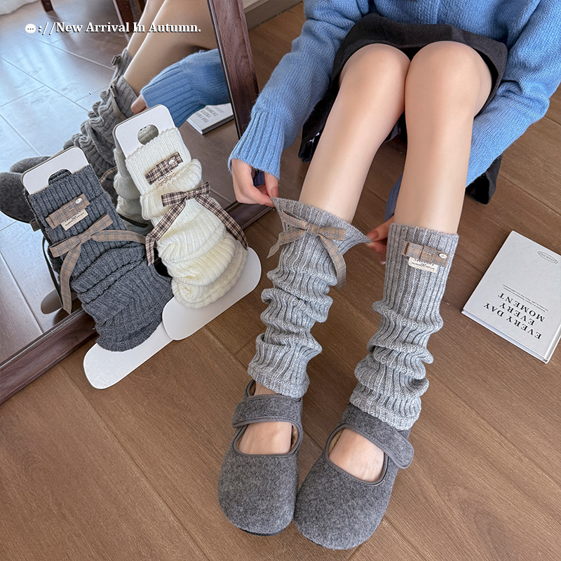 Leg Warmers Bootshang Cotton Spring And Autumn Bow AB Pile Socks Ballet Style Lolita Vertical Stripes Calf Socks_voghion.com