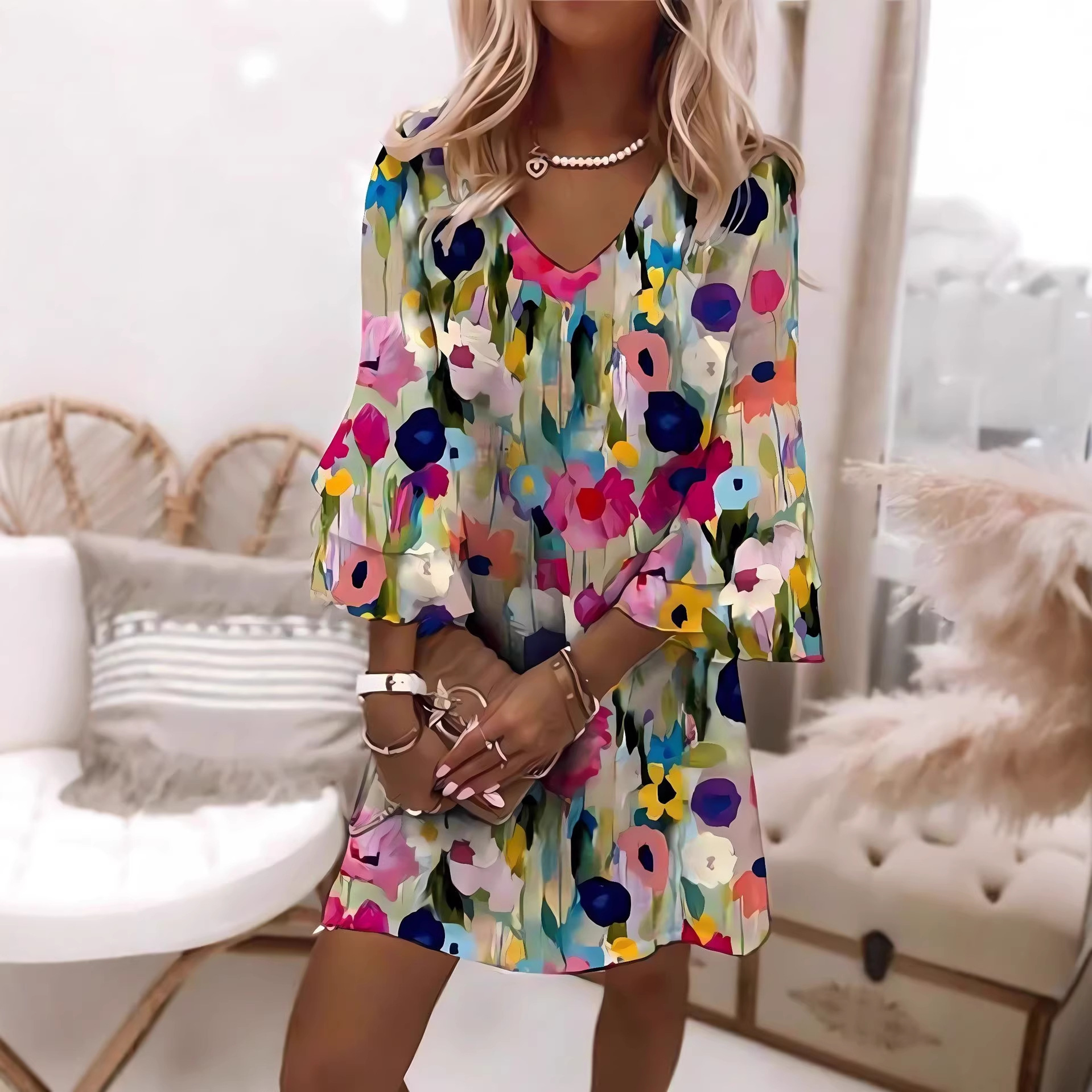 New Color Added~Amazon Aliexpress Cross-Border Women's Clothing European and American Style Full-Body Printed V-Neck Dress 2026 New Model in Stock