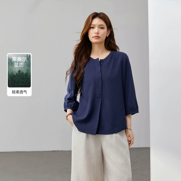 [Легкая рубашка с кондиционером с семью рукавами, рубашка с круглым вырезом] Funny Show большой размер женский толстый mm2025 весенний новый