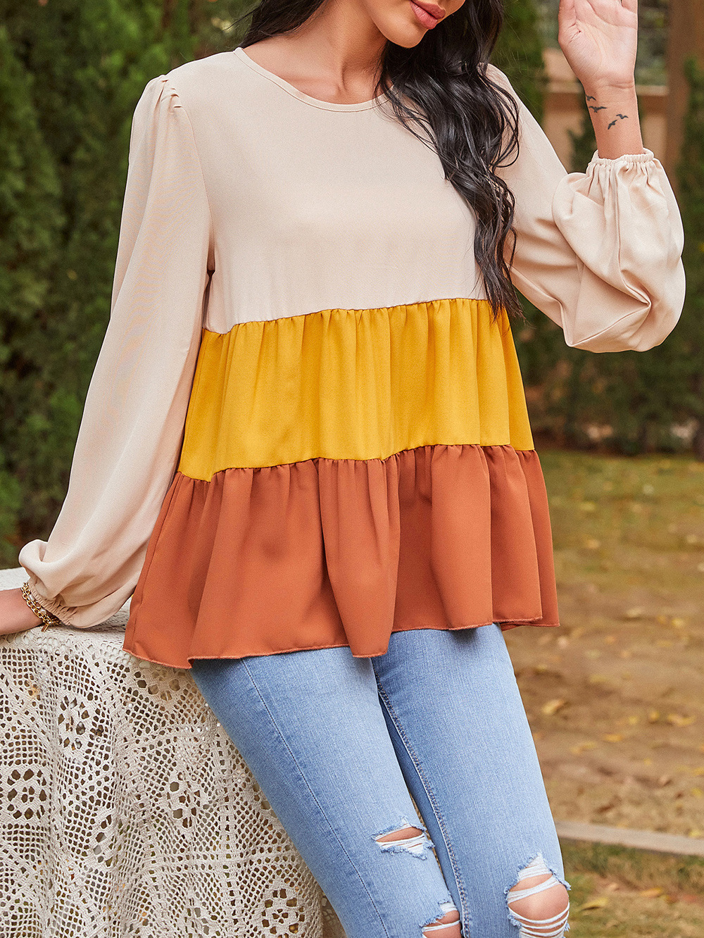 spring new three-color stitching round neck puff sleeve pleated casual T-shirt NSDF32969