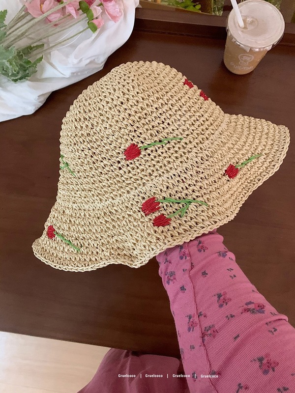 夏の桜麦わら帽子日本と韓国の新しいスタイルの植物と果物の大きなつばの日よけ帽子夏の屋外の甘くて多用途な麦わら帽子|undefined