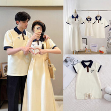 夏季新款杏色爱心刺绣收腰a字显瘦学院风减龄POLO短袖连衣裙亲子