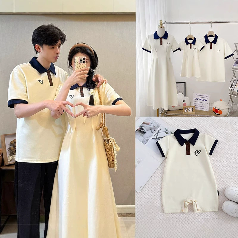 Новое летнее платье-поло с короткими рукавами и вышивкой в ​​виде абрикосового сердца на талии, утягивающее талию в консервативном стиле, семейное платье с короткими рукавами