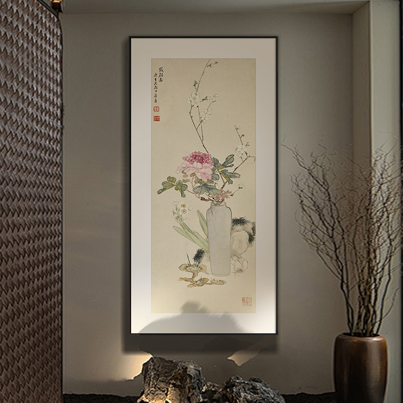 平安如意进门玄关装饰画新中式宋代美学入户走廊过道挂画花瓶壁画|undefined
