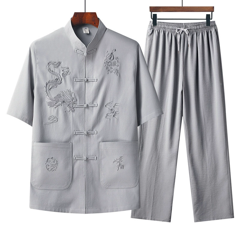 Summer thin set for elderly for leisure, for middle-aged man, for middle age, Chinese style, loose fit, with short sleeve