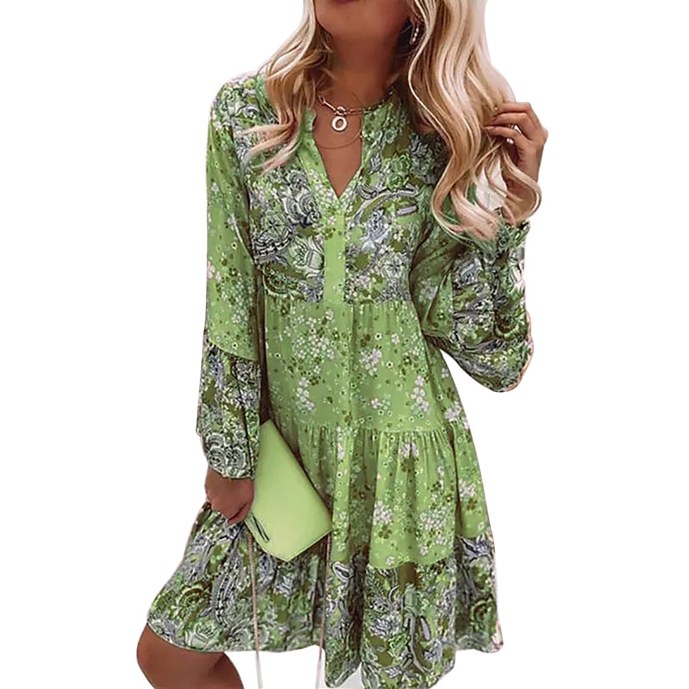 Women'S Gender Printing Design Pastoral Style Wholesale Women'S Pastoral Printing Flower Street V Neck Nine Points Sleeve Regular Dress