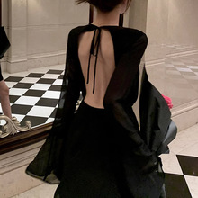 XINGYU【 ys1暗黑之花】黑色性感露背绑带收腰长袖显瘦连衣裙潮流