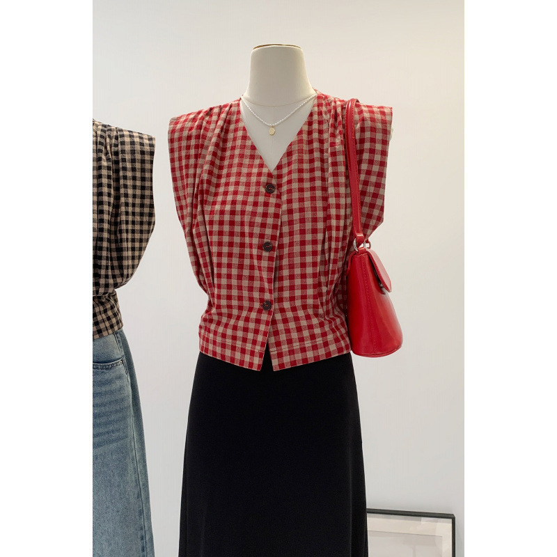 Factory Direct Sale Retro Red Plaid V-Neck Sleeveless Vest Shirt for Women Commuting Summer New Unique Waist-Cinching Top