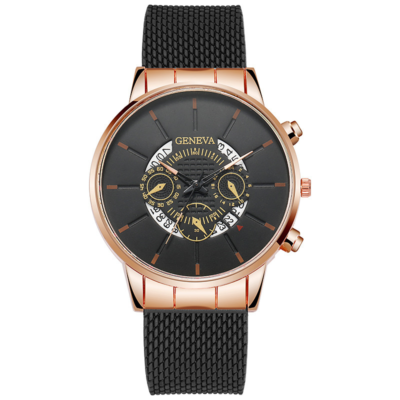 GENEVA Fake New Three Eyes Freizeit Business Kalender Gummi Mesh Herren Quarzuhr_voghion.com