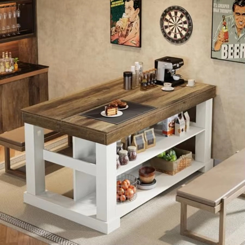 Cross-Border Direct Sales Kitchen Island Storage Three-Tier Farmhouse Wooden Fixed Island Table with Workbench Leg Space Coffee Bar