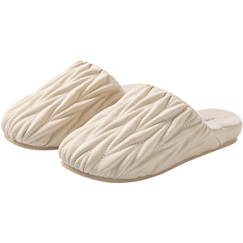 Far Harbor Pleated Cotton Slippers for Women 2025 New Autumn and Winter Indoor Home Waterproof Warm Home Wormwood Leather Slippers for Men