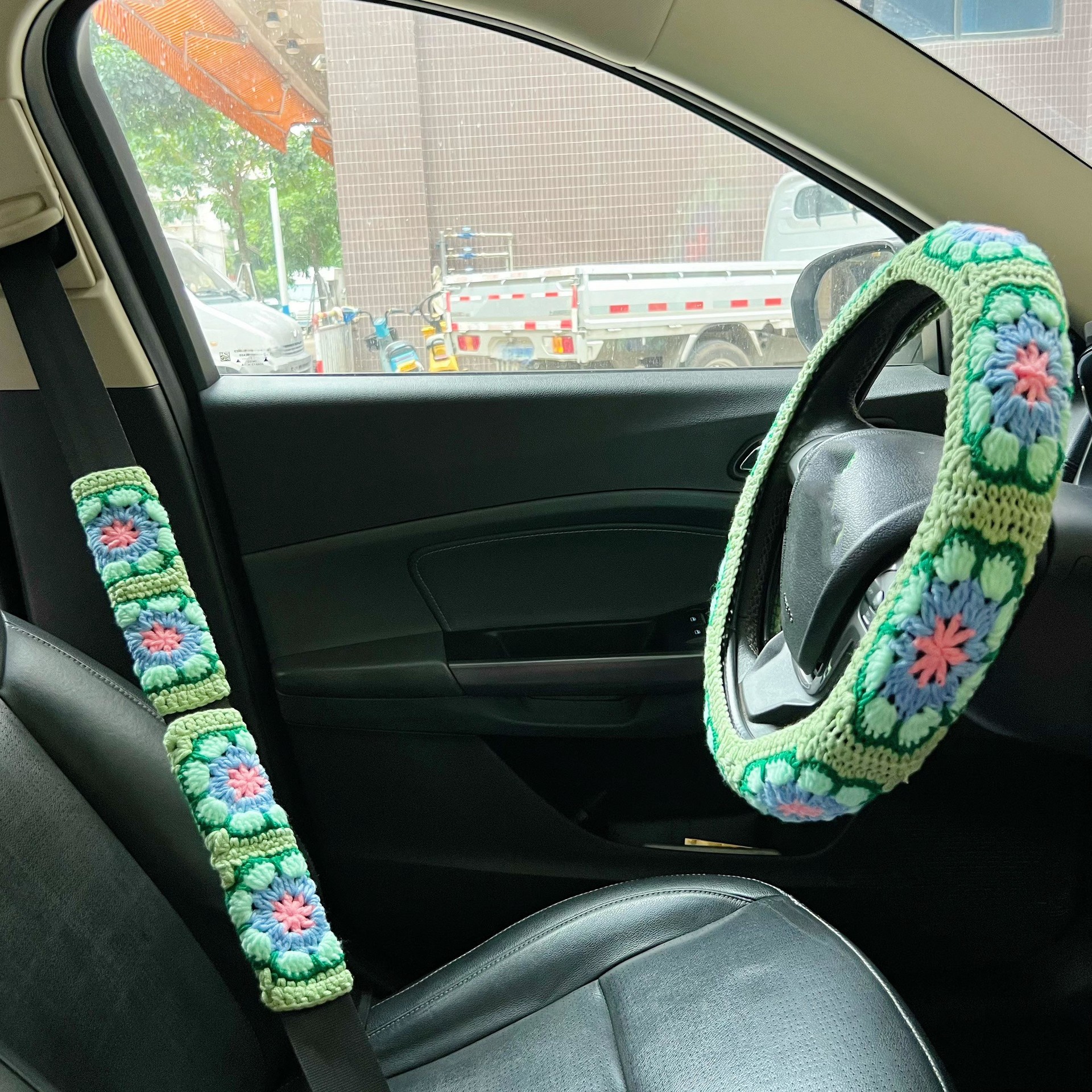 Cross-Border Car Interior Handmade Crochet Sunflower Rose Flower Decoration Steering Wheel Cover Warm Seat Belt Cover