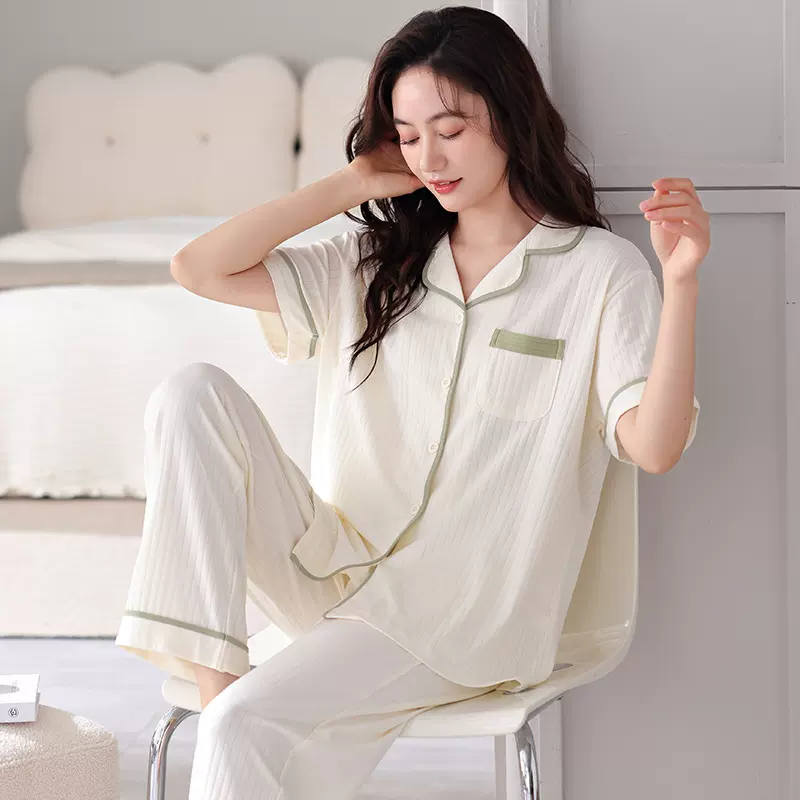 睡衣女士夏季纯棉拉架短袖长裤全棉薄款夏天妈妈半袖长裤家居服