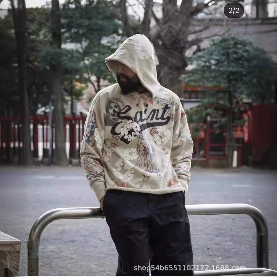 2024 осень и зима, капок, граффити, принт, High Street, рваный ретро, ​​толстовка с капюшоном, свободная мужская и женская модная