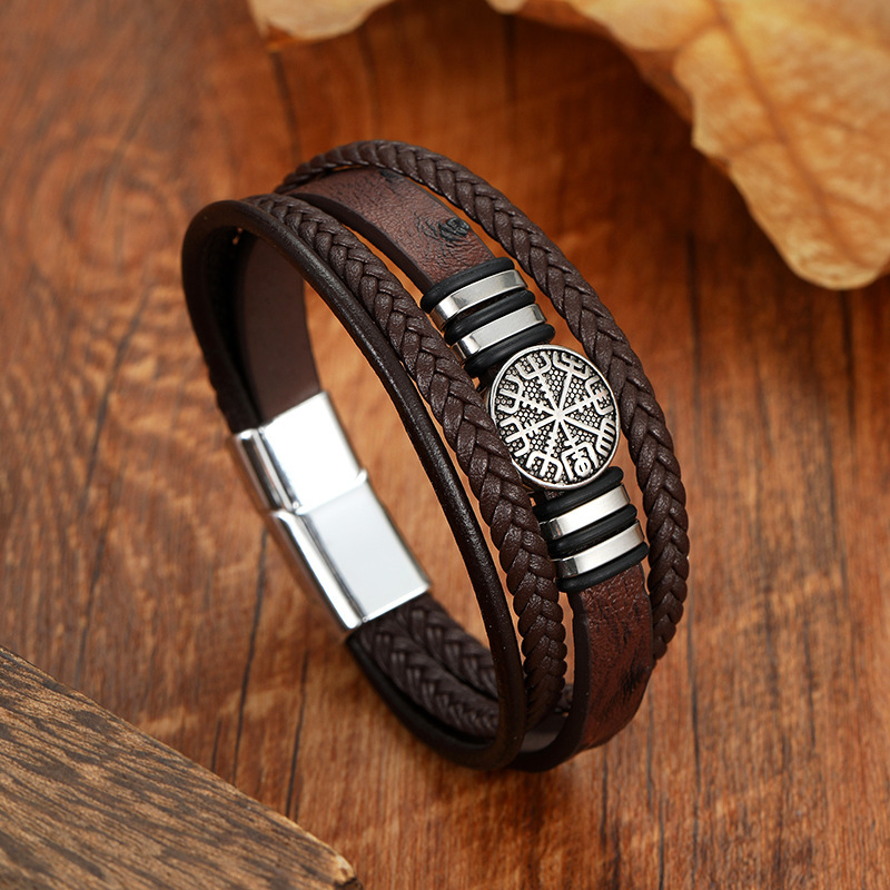 Cross-border braided leather rope leather bracelet Viking compass round brand European and American fashion punk style multi-layer men's bracelet new
