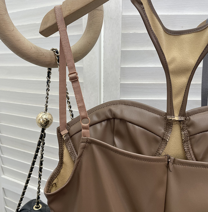 Chest Pad Halter Spaghetti Straps Dress Sexy Slim Fit Ruffle Hip Faux Leather Sexy 30 Chest Pad Halter Spaghetti Straps Dress Sexy Slim Fit Ruffle Hip Faux Leather Sexy