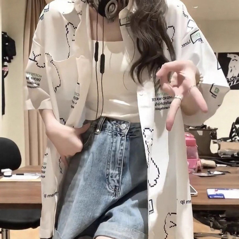 American Retro Salt Bear Short-Sleeved Shirt for Women 2025 Summer New Chic Lazy Shirt Petite Top