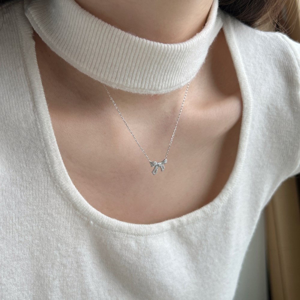 4g Weight Zircon Inlay Material Earrings, Necklace Classification Earrings + Necklace Quantity Holiday, Daily Occasion 925 Sterling Silver Material Bow Knot Pattern Women's Gender Plating, Inlay Design Elegant, Streetwear Style 925 Sterling Silver Zircon Plating Inlay Bow Knot Earrings Necklace 1