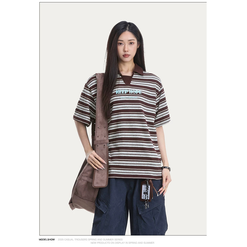 RESUMM American Retro College Style Striped Short-Sleeve Polo Shirt for Women, 2026 Summer New Loose Casual Top