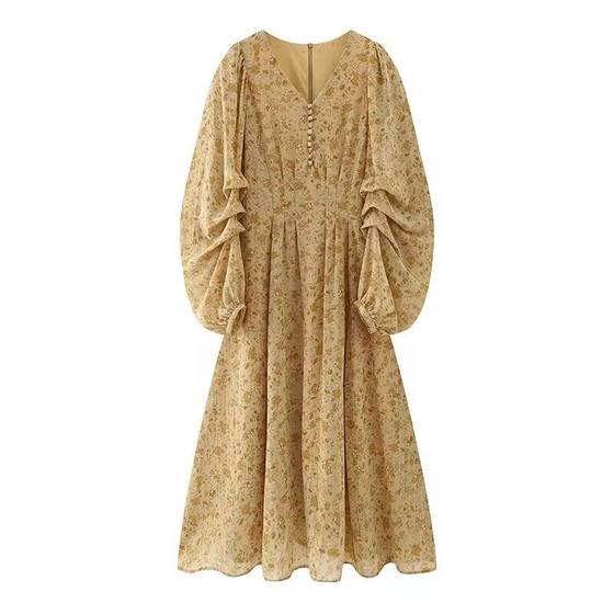 Go to Windy Places Liu Yifei's Tea Break Style Floral dress Women's Spring and Autumn New Printed V-Neck Skirt