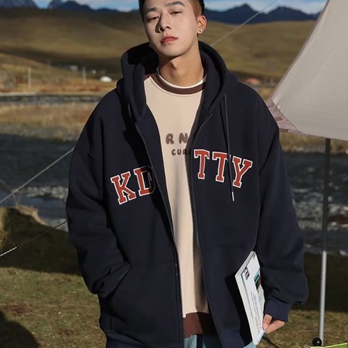 American style hoodie outerwear for men, autumn and winter edition, trendy brand, loose, quilted, winter, hooded, zipper, open sweater.