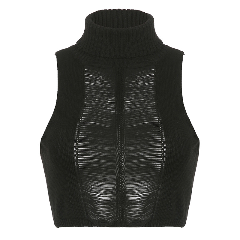 hollow turtleneck sleeveless slim solid color knitted perspective vest NSSSN127852