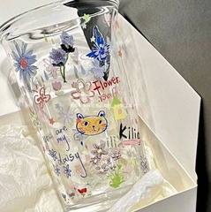 ネットセレブと同じスタイルの落書きドーパミンカップ、フリップトップガラスカップ、高価値ウォーターカップ、家庭用夏インスタイル朝食