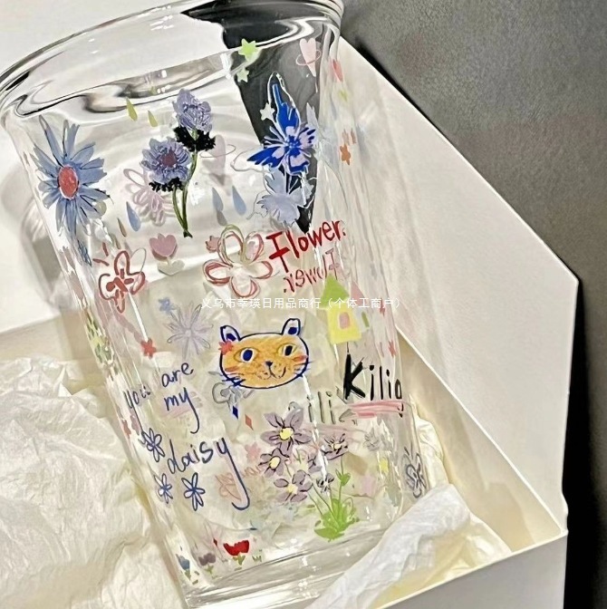 ネットセレブと同じスタイルの落書きドーパミンカップ、フリップトップガラスカップ、高価値ウォーターカップ、家庭用夏インスタイル朝食|undefined