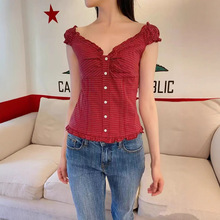 BM风红格子花边领荷叶边泡泡袖露肩短袖衬衫女修身纽扣衬衣小衫夏