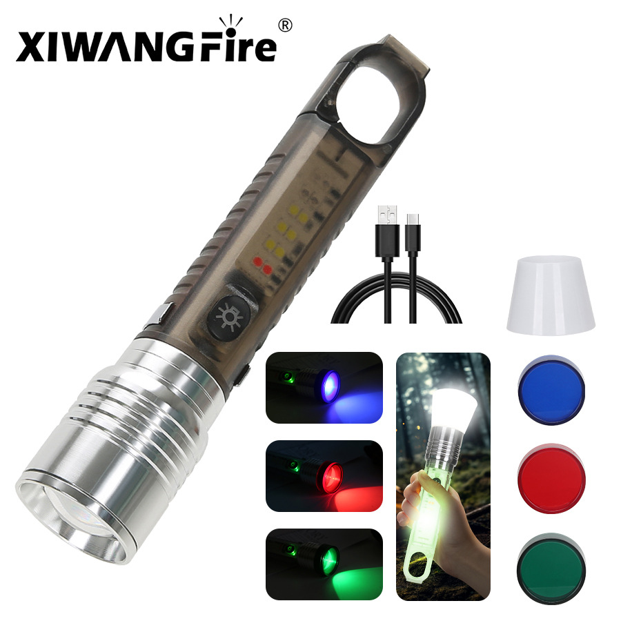 Nuevo blanco linterna láser gancho magnético luz lateral LED rojo azul flash camping luz fuerte luz telescópica zoom