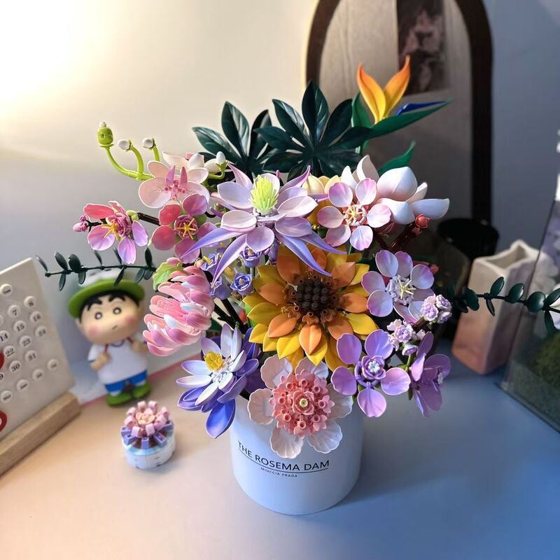 Panlos small-particle sunflower building block bouquet, a creative decorative piece, a gift for girls, a building block toy