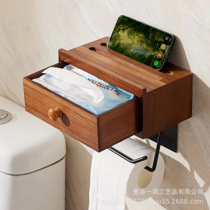 Wooden Toilet Paper Holder with Mobile Phone Holder Wall-Mounted Paper Towel Rack Bathroom Wet Toilet Paper Storage Aromatherapy Holder